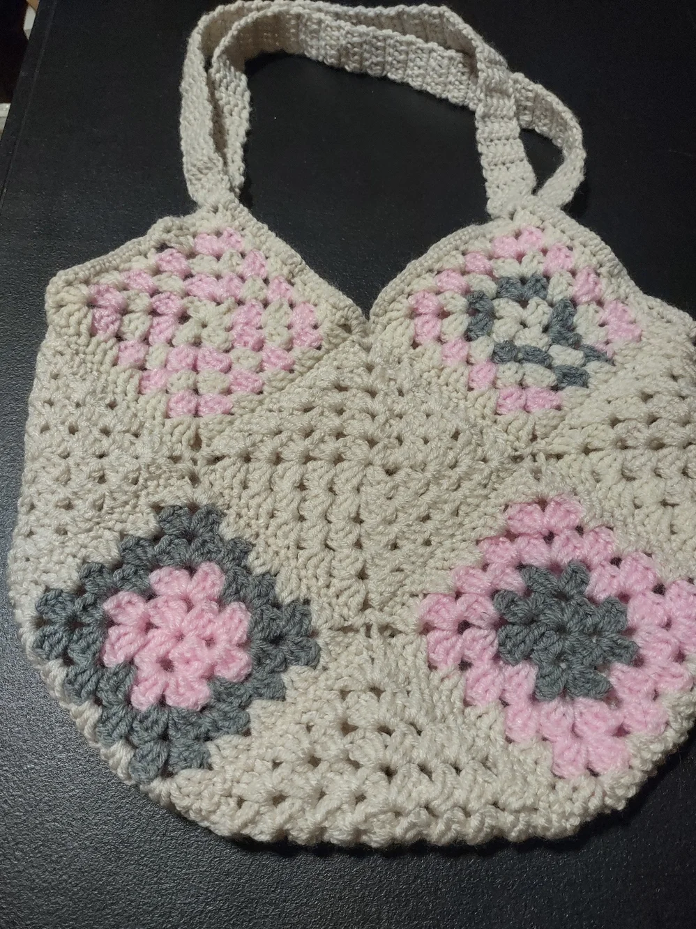 Handmade Crochet Women’s Tote Bag in Cream, Pink & Gray - Picture 3 of 8